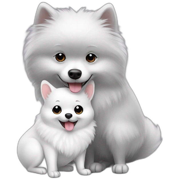 white pomeranian and gray mouse hug emoji