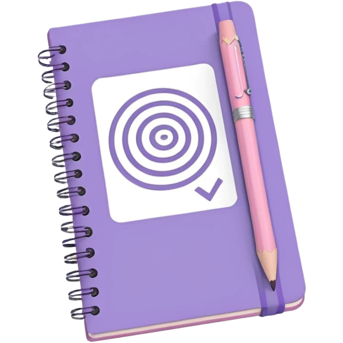 soft purple notebook with spiral binding, white text 'schedule' on the cover, soft pink pencil on it, iOS emoji style emoji