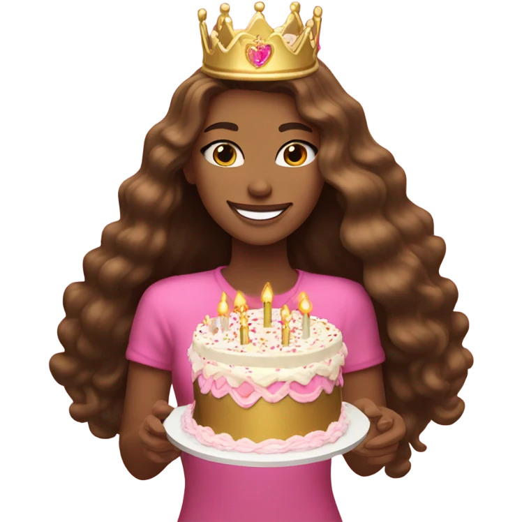 Beautiful long haired light skinned brunette with pink birthday cake and gold crown emoji