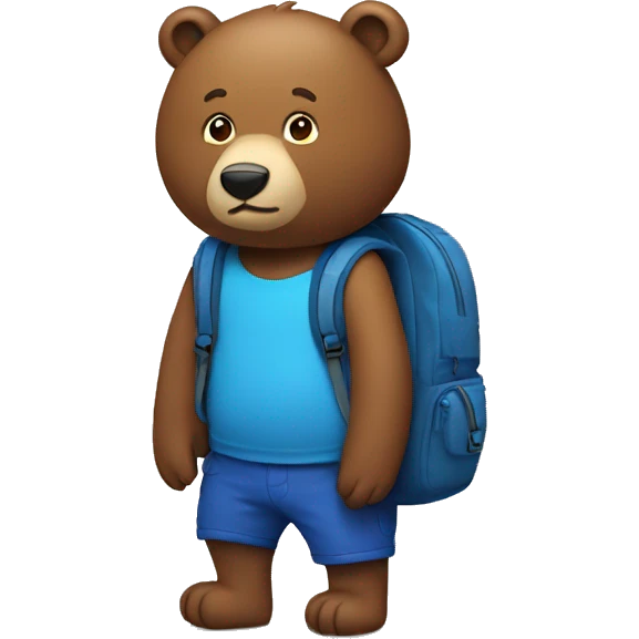 rounded circular brown bear wearing blue backpack emoji