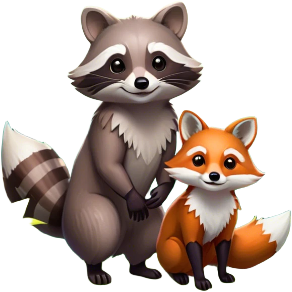 Collage of a raccoon and a fox, in close-up, surrounded by a colorful forest with rich green trees, thick bushes, and vibrant foliage. Sunlight peeks through the branches, casting warm light on the animals. A lively, natural setting with a transparent background. emoji