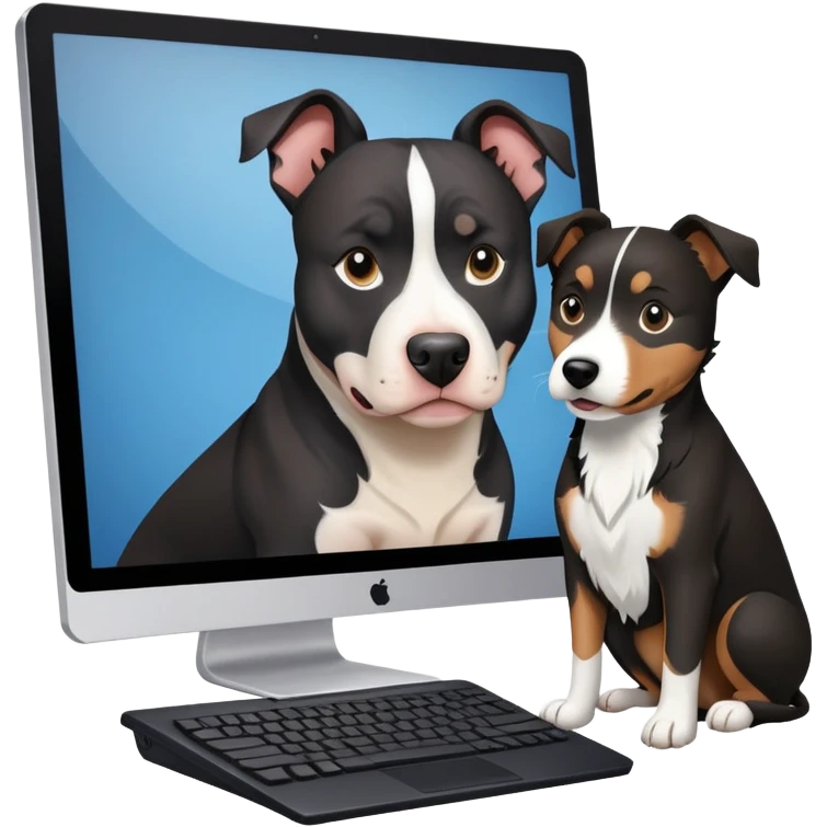 Black and white pitbull and black collie behind computer emoji