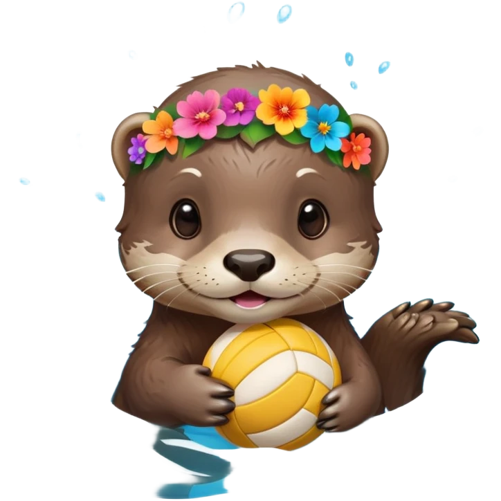 super cute baby otter with a colorful flower crown ring around its head, gentle expression, FLOATING ON EXTREMELY OBVIOUS BRIGHT BLUE WATER with exaggerated large waves, splashes and ripples surrounding the otter, baby otter holding a volleyball with both paws above the very prominent water emoji