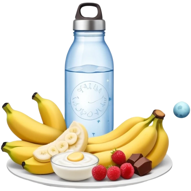 Mystical daily routine constellation: water bottle, sun, chicken plate, banana, gym weight, yogurt, fruits and chocolate, and moon symbols arranged like stars in a constellation pattern with glowing lines connecting them in sequence emoji