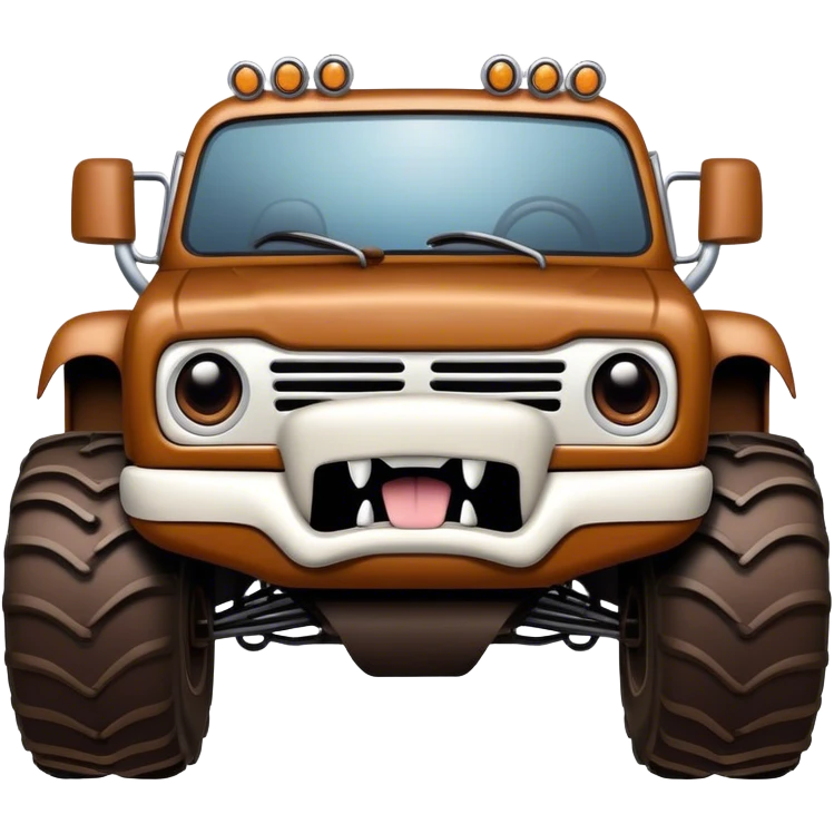 Monster Mutt - Monster Jam (Model Year: 2021) (Iconic colour: Brown with dog features) - A unique monster truck with playful, dog-inspired design cues. The vehicle is painted in warm brown tones and features subtle dog motifs (such as a stylized snout or ear shapes). It should blend the rugged power of a monster truck with quirky, endearing canine features. emoji
