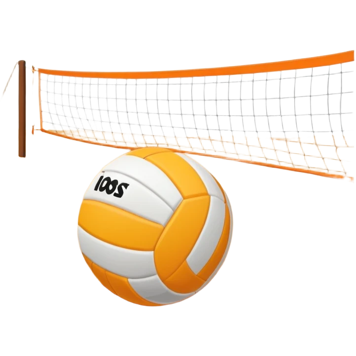 The scene captures a sunny sea beach with clear blue sea and sky, palm trees swaying. A volleyball resting on the orange sand ground of a beach, with a volleyball net in the background.  emoji