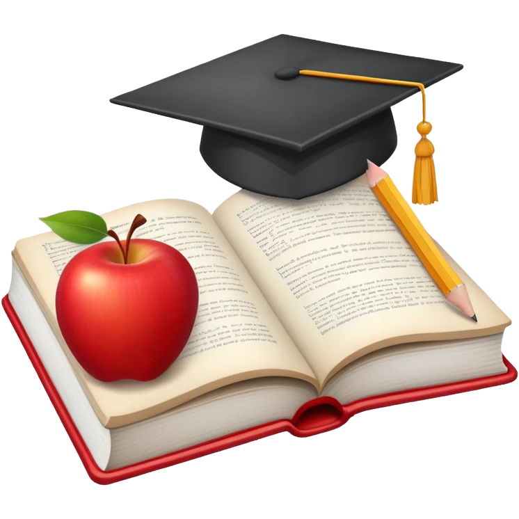 An icon featuring an open book, a pencil, and an apple, symbolizing education and pedagogy. The design includes a chalkboard with a lesson plan and a graduation cap, representing teaching and learning. Transparent background highlights the nurturing of knowledge and growth. emoji