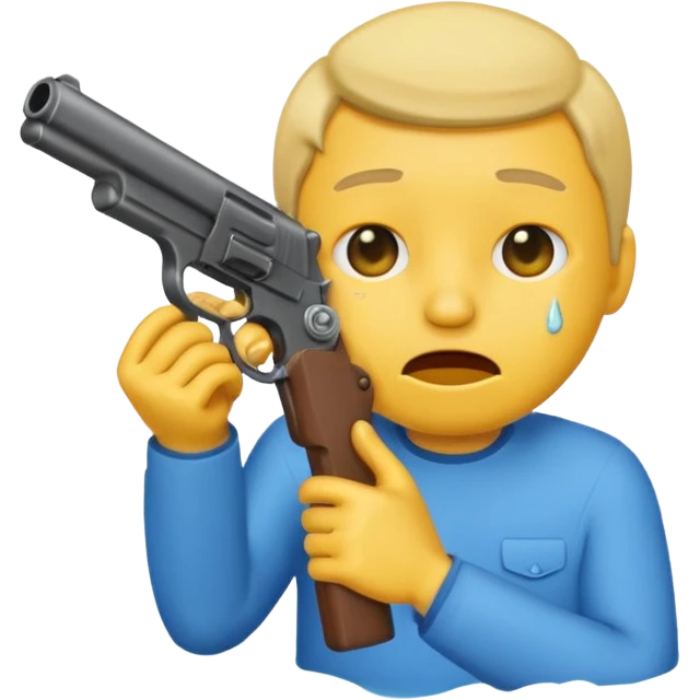 Make a yellow emoji of a guy holding a gun and the guns barrel is in his mouth while crying blue water emoji