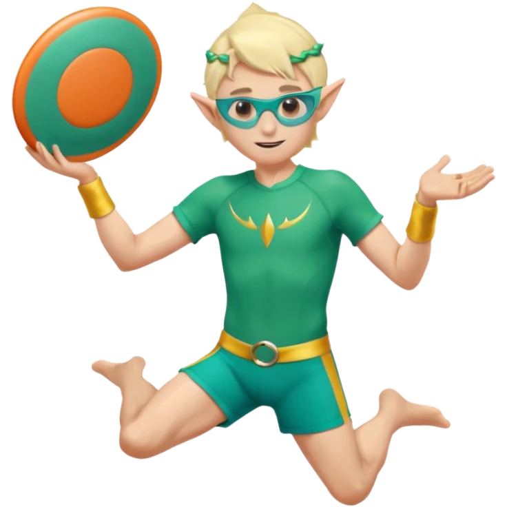 elf male legolas launching a frisbee woven from pure sunlight, wearing sporty teal swim shorts and performance sunglasses, pointy ears, centered emoji emoji