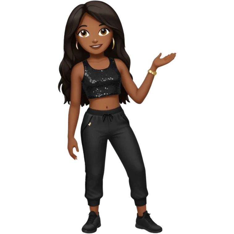 Aaliyah with black sequin crop top and pants, long dark brown hair emoji