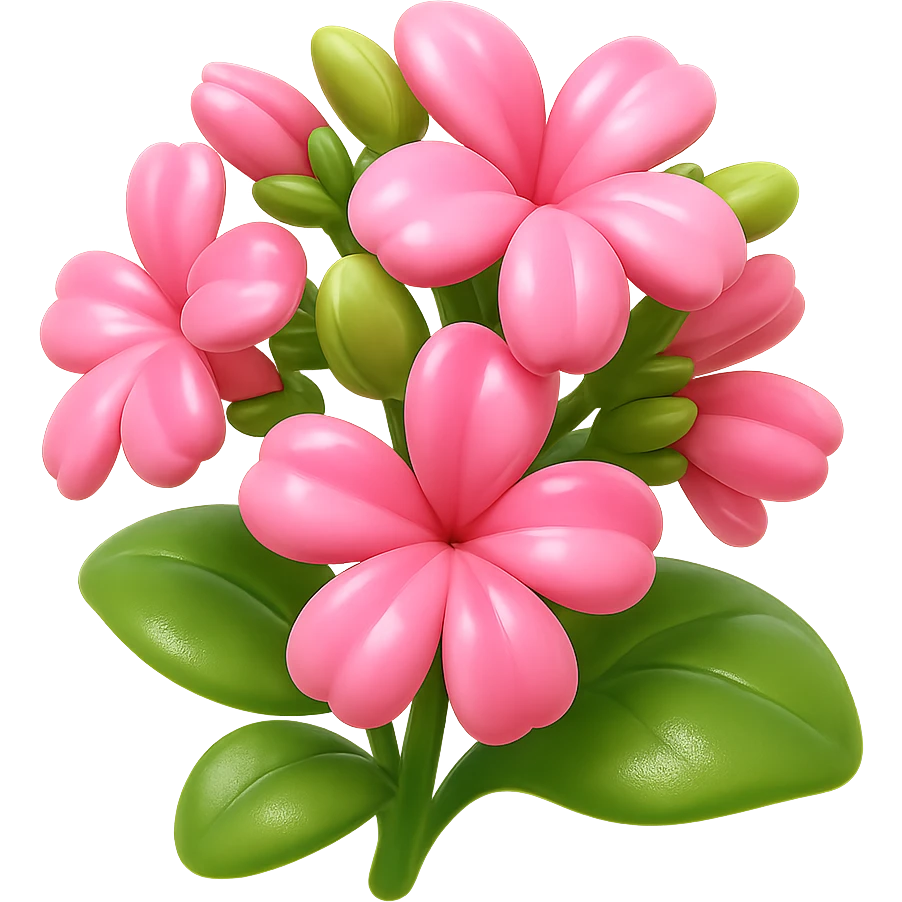 Create a 3D iOS-style square image of cartoon soapwort (Saponaria) flowers with extra volumetric and rounded shapes, exaggerated cute pink petals, big green leaves, playful proportions, soft lighting, and a glossy effect. No background, no face or smile, proportions 1:1. Style should reflect GPT Image style as requested. emoji