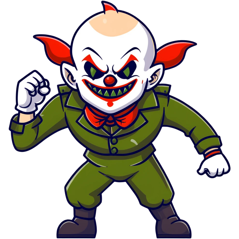 evil clown warrior, bald, short horns on forehead, fangs, pointed ears, black and military green leisure suit, battle-ready fighting posture emoji