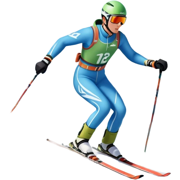 An icon featuring a skier racing down a snow-covered slope, surrounded by snowy peaks, pine trees, and a picturesque mountain landscape. The sky is blue with soft clouds, capturing the thrill and beauty of alpine skiing. Transparent background  emoji