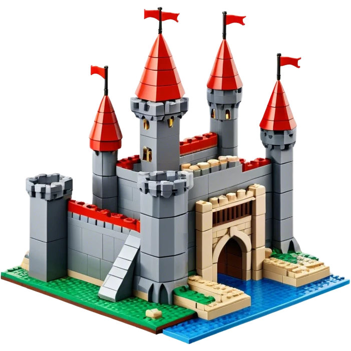 A photorealistic icon featuring a large medieval castle built from LEGO bricks, with detailed textures of the bricks, turrets, and drawbridge. The design captures the creativity and intricacy of LEGO construction with vibrant colors and realistic lighting. Transparent background emoji