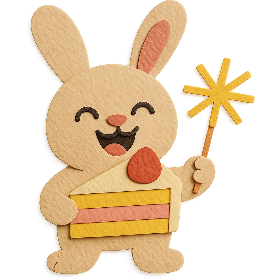 Make the bunny have a laugh expression and improve the overall visual appearance to be well-shaped and even more appealing. Keep the bunny holding a cake slice and sparkler in the paper-craft style. emoji