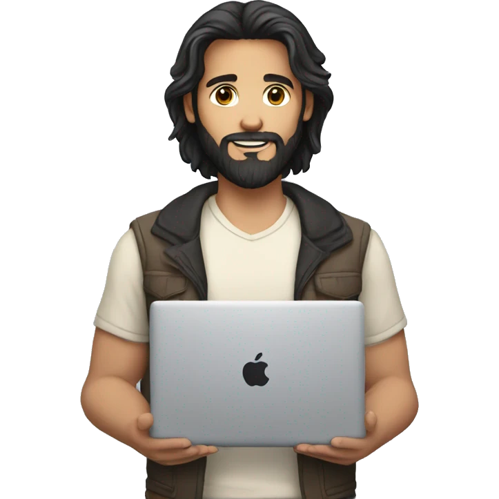white young man with black beard an long hair and a macbook in her hand emoji