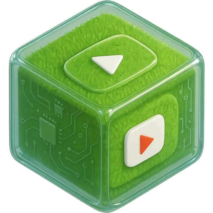 white YouTube play button inside a grass box emoji