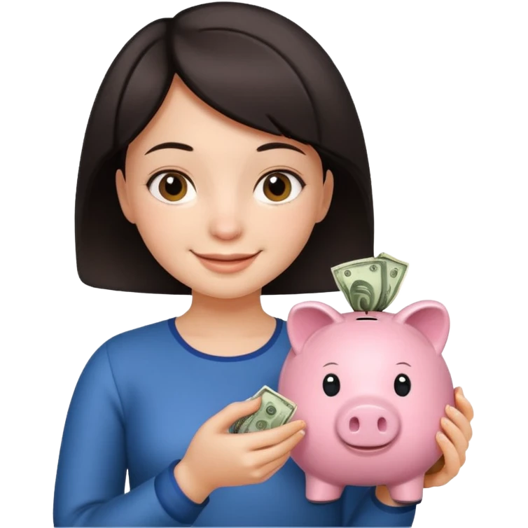 Девушка с тёмными короткими волосами с копилкой в руках складывает в неё деньги  emoji