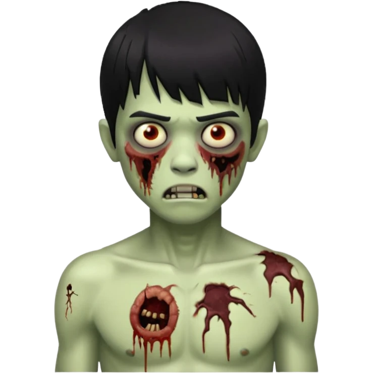 Menino de cabelo liso preto com franja zumbi sem camisa emoji
