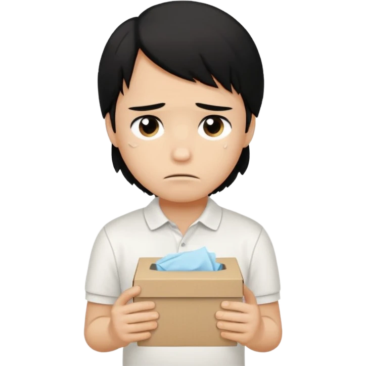 generate a pretty bratz boy with long black hair, wearing a white polo shirt. Looking sad, holding a box of tissues emoji