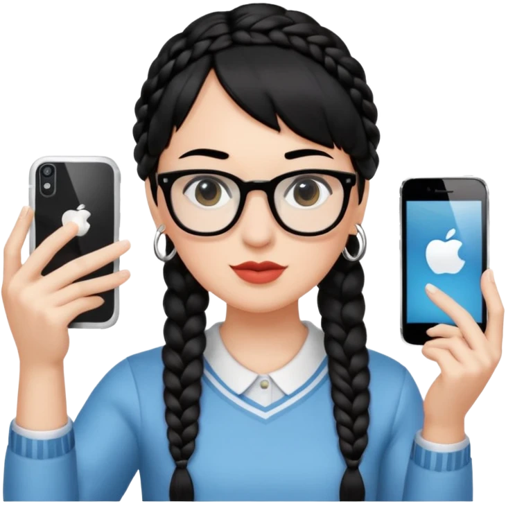 Black hair braided to one side, bangs, horn-rimmed glasses, and taking mirror selfies with iPhone white. Holding a phone to show the iPhone logo emoji
