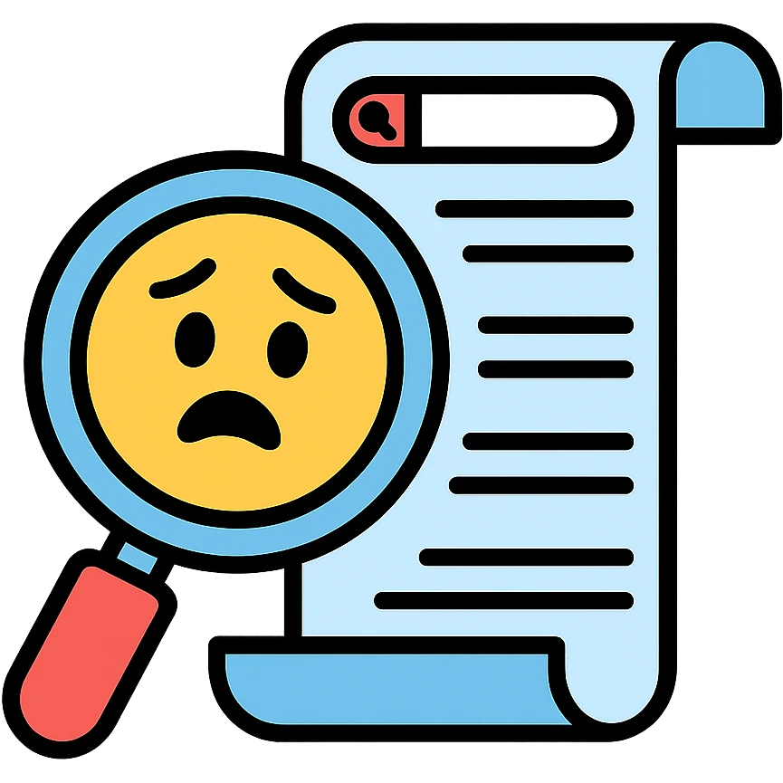 humorous icon of a magnifying glass looking at a long, embarrassing search history list emoji