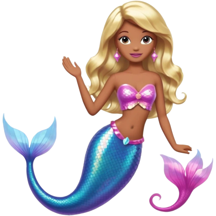 Brown skin blonde hair barbie mermaid with holographic tail and pink  in hair emoji