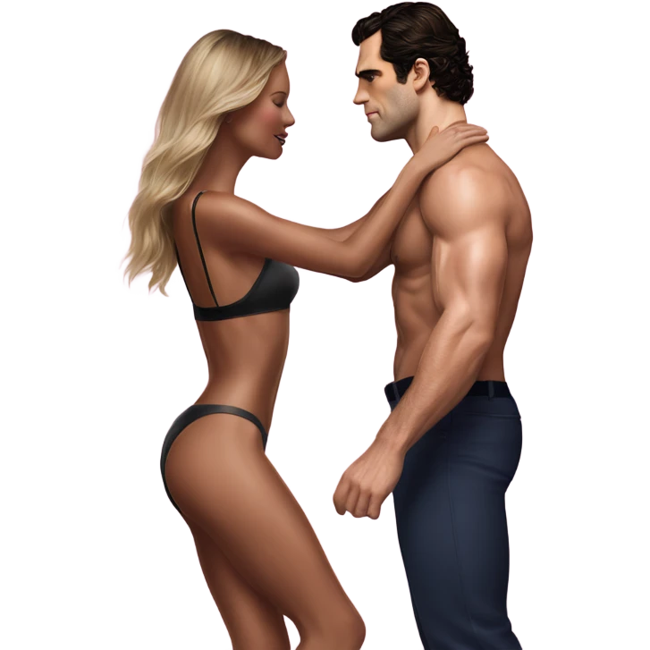 realistic photo of Henry Cavill close dancing with a beautiful  victoria secret model  emoji