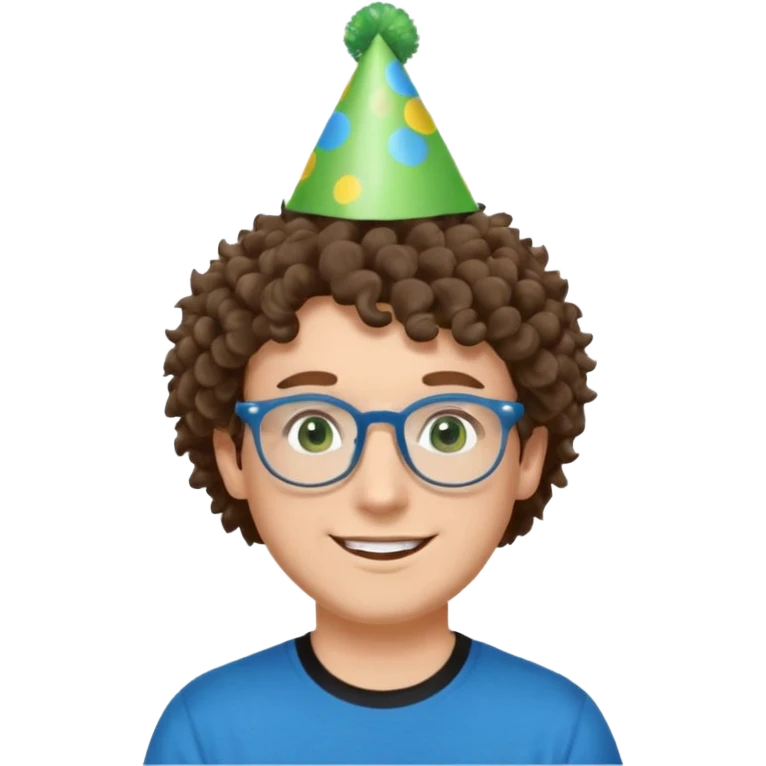 A white guy with curly brown hair and green eyes with a happy face, and wear square glasses.He’s also got a full silver birthday party hat on his head with blue pom poms on top of it, and his T-shirt is all black, he wears a little gold circle earrings on his left  emoji