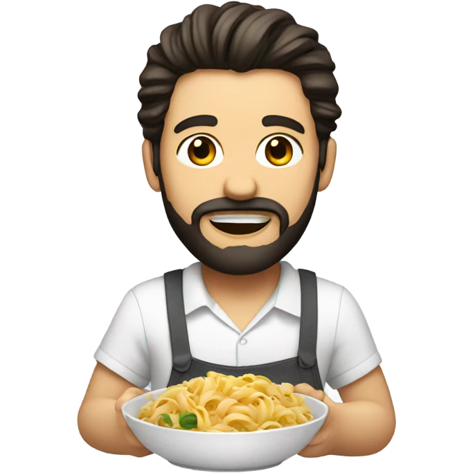 A light-skinned  man with dark straight hair and a beard eating pasta With a white shirt emoji