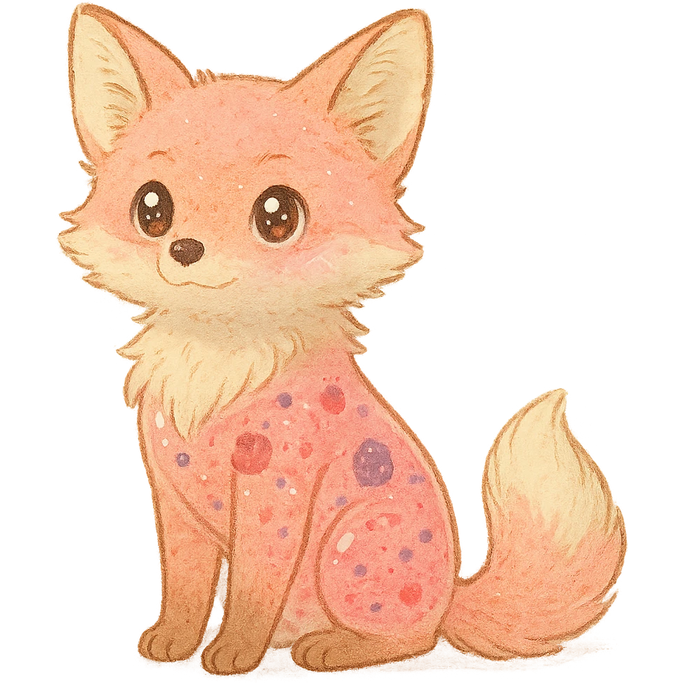 soft fluffy fox with a transparent body filled with fruity smoothie, sparkling eyes, pastel pink, full-body emoji