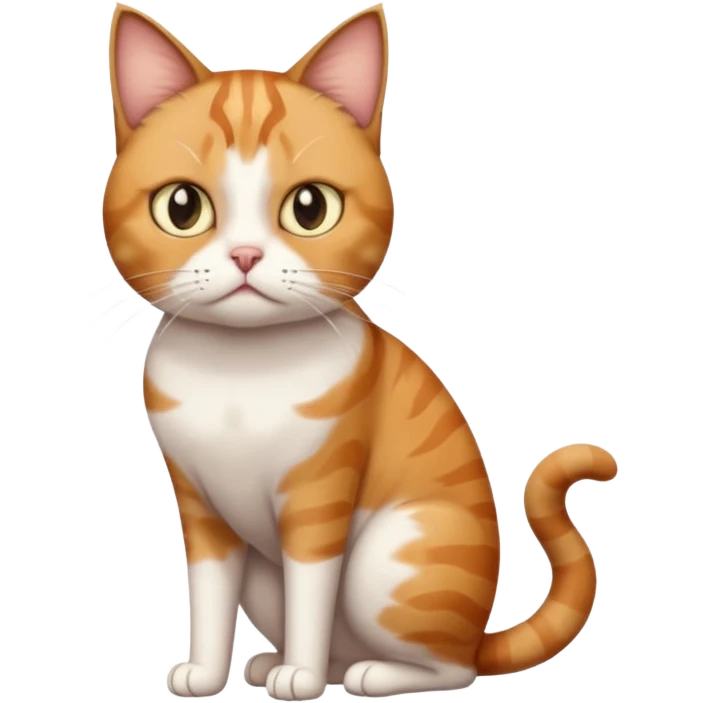 full body white, ginger and brown tabby calico cat with skinny head and fat body with an anxious face emoji