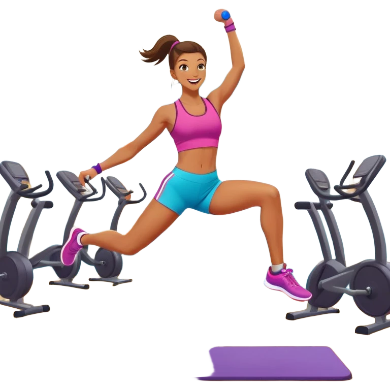 An energetic person performing an aerobics workout in a brightly lit gym, jumping and stretching with enthusiasm. The scene includes vibrant fitness equipment like dumbbells and exercise mats, with a background of cheerful, motivating colors, conveying energy and movement. emoji