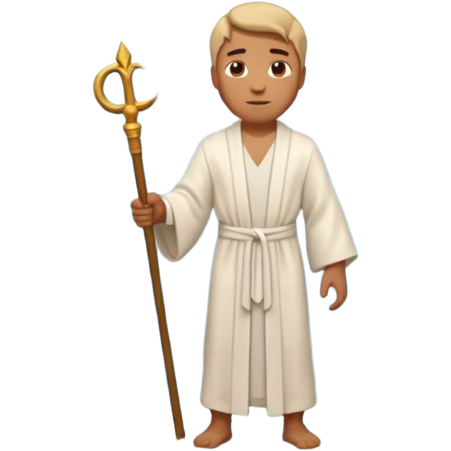 iOS-style 3D emoji: wide blue sea split into two towering water walls, dry path in the middle, Moses standing at the center holding a staff upright emoji