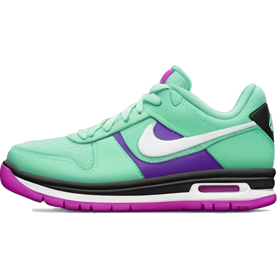 Hyper Realistic isolated side view of a  pair of black,mint green,magenta,and dark purple Nike Sneakers. emoji