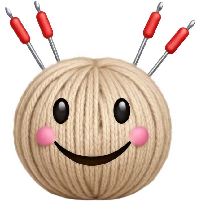 ball of beige mohair wool with knitting needles, needles are shaped like iOS smiley faces emoji