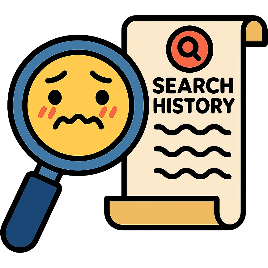 humorous icon of a magnifying glass looking at a long, embarrassing search history list emoji