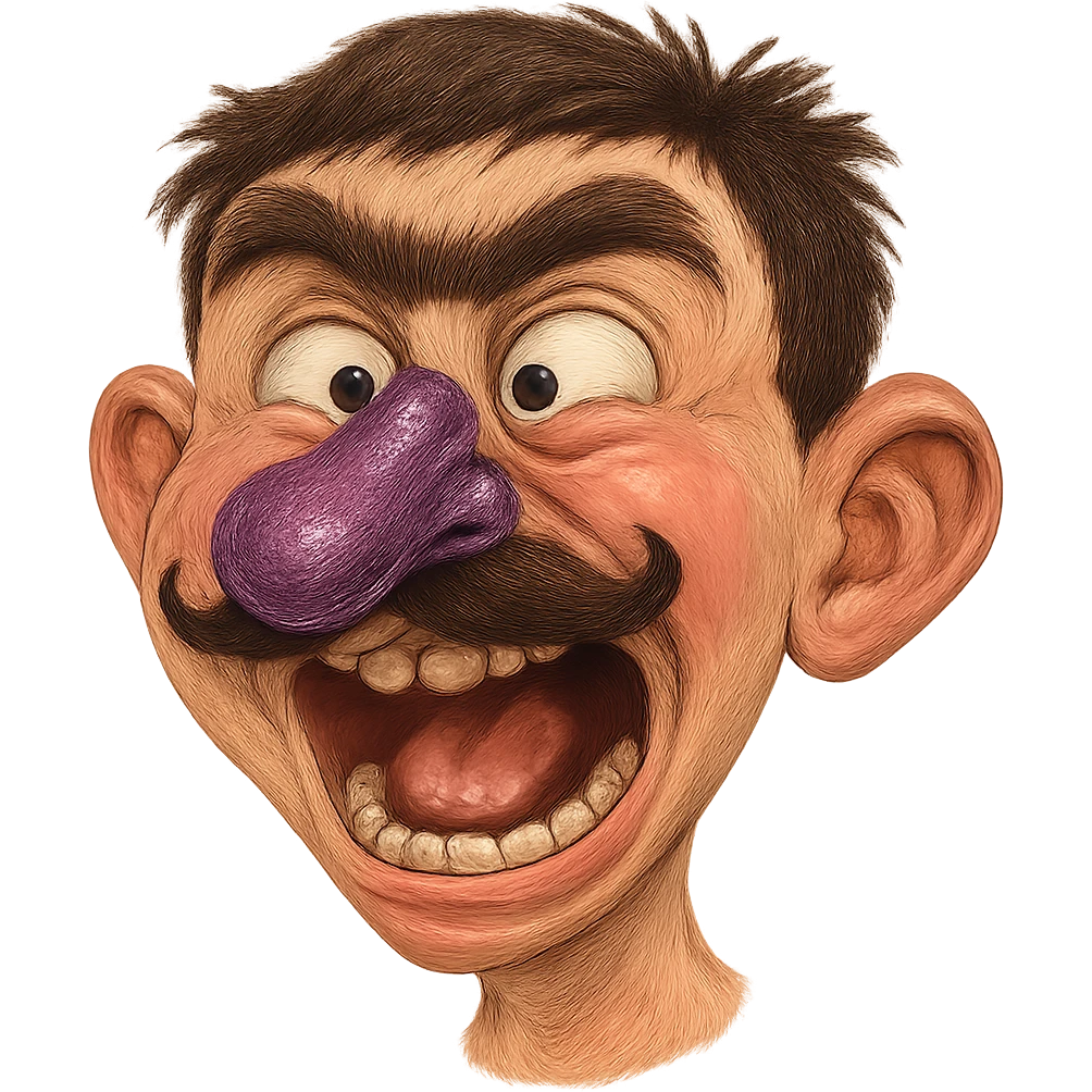 Create a humorous and exaggerated portrait of a male child with an eggplant-shaped nose, mustache, and unibrow. Include comedic and exaggerated facial expressions with humorous details. The background should be removed, focusing solely on the character's face. The style should be suitable for editing and allow for detailed expression enhancements. emoji