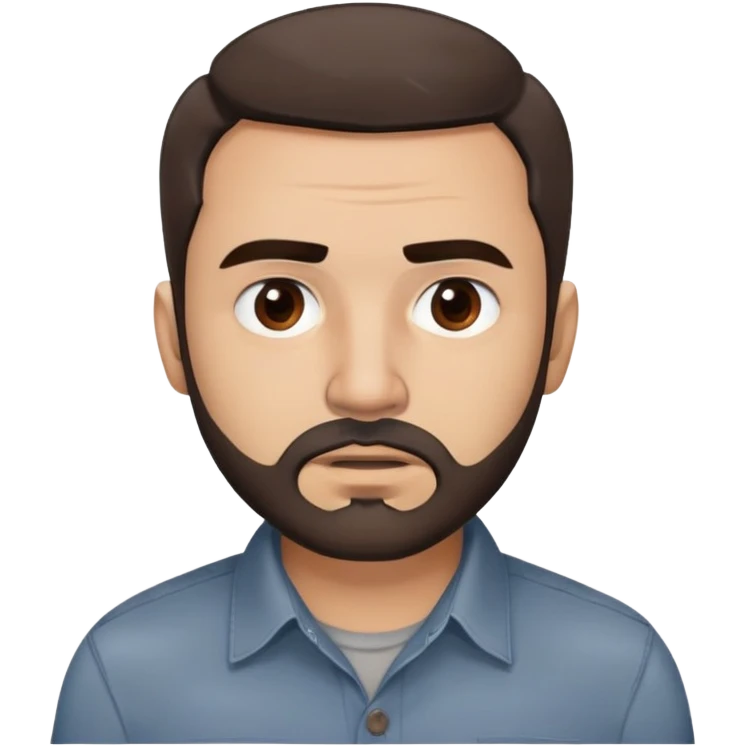 Puerto Rican actor René Monclova with round face, wide jaw, light skin. Expressive dark brown eyes, thick eyebrows. Short brown hair with receding hairline. Messy beard, brown with some gray patches. Wearing a dark button-down shirt. emoji