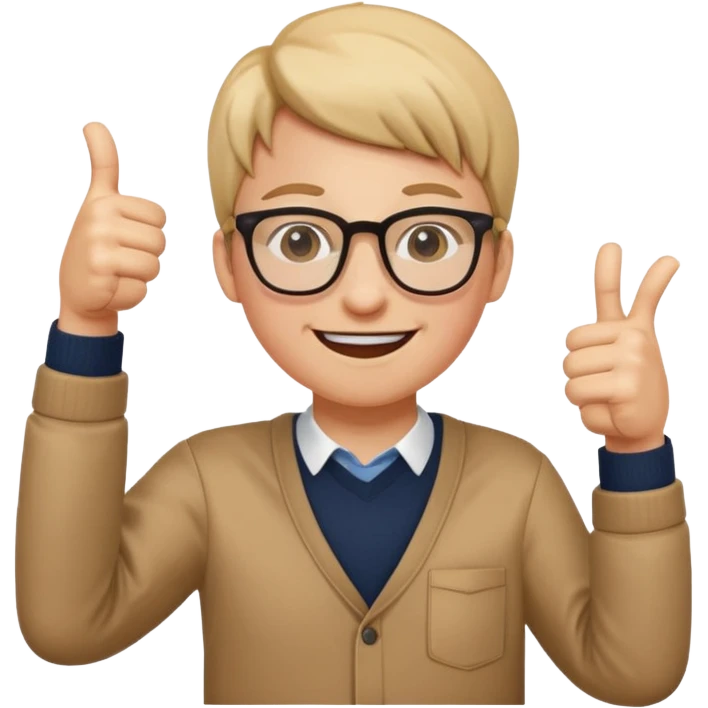 un estudiante que este parado con sus lentes guiñando el ojo y CON LAS MANOS HACIA ARRIBA DANDO LIKE emoji
