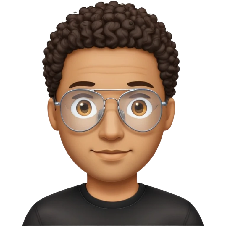Latino man with oval face, clear lens aviator glasses with metal frames, bald sides with curly hair on top, friendly expression, brown skin, black shirt emoji