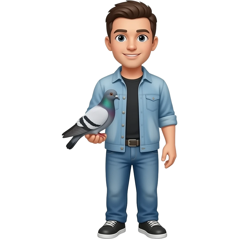 Man short haired holding  his pet dove ( white body - black wing part and head ) emoji
