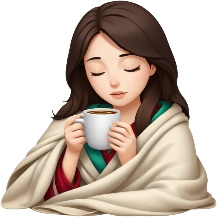 girl inside a blanket sipping coffee eyes closed, brunette with fair skin emoji