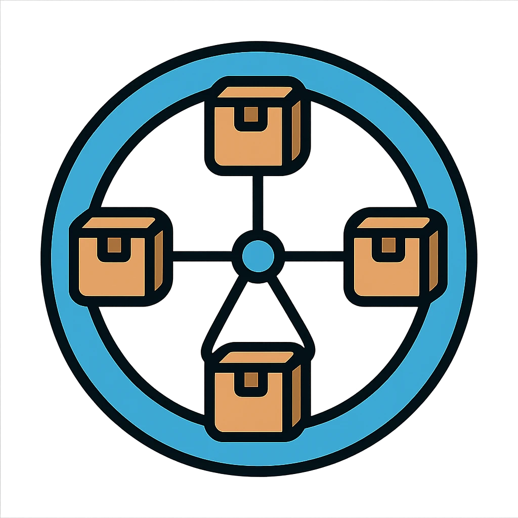 network in a circle form with blue color and realistic brown boxes at intersection points emoji