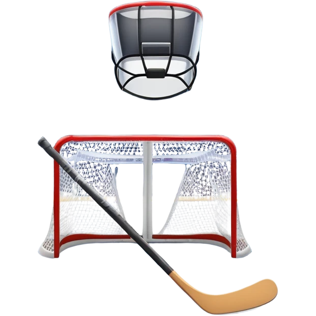 An icon showing a close-up of a hockey stick, puck, skates, and hockey net placed on the ice. The background features a packed stadium with bright lights, cheering fans, and snowy scenery outside. Transparent background highlights the key elements of the game. emoji