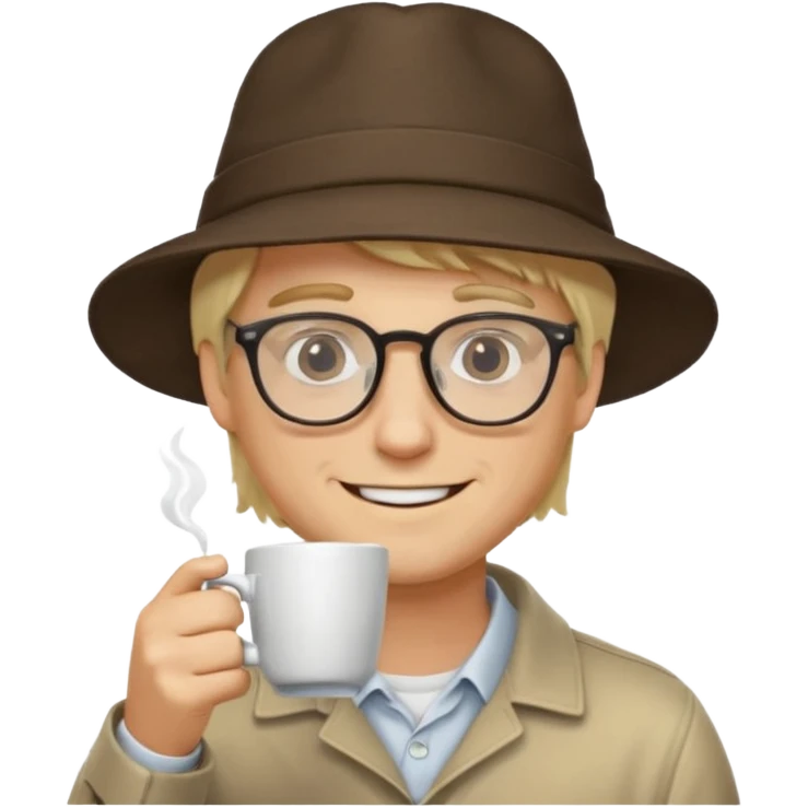 glasses long hair blonde man drink coffe with hat  emoji