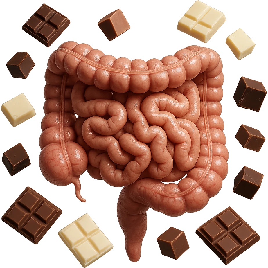pezzetti di cioccolato fondenti, al latte e bianchi fluttuano intorno ad un intestino umano anatomico realistico, IPERREALISTICO 4K emoji