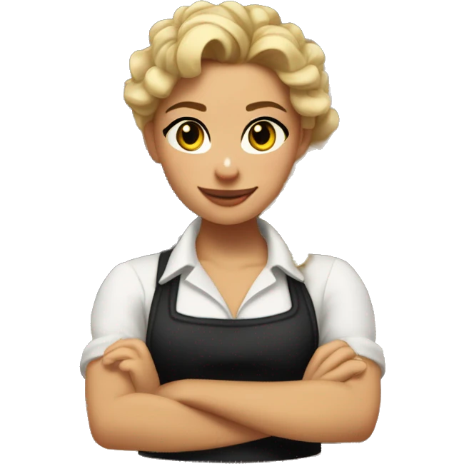 Waitress with white shirt and black apron, curly dirty-blonde hair in a pony tail, hazel eyes, lots of bohemian jewelry and bracelets  emoji