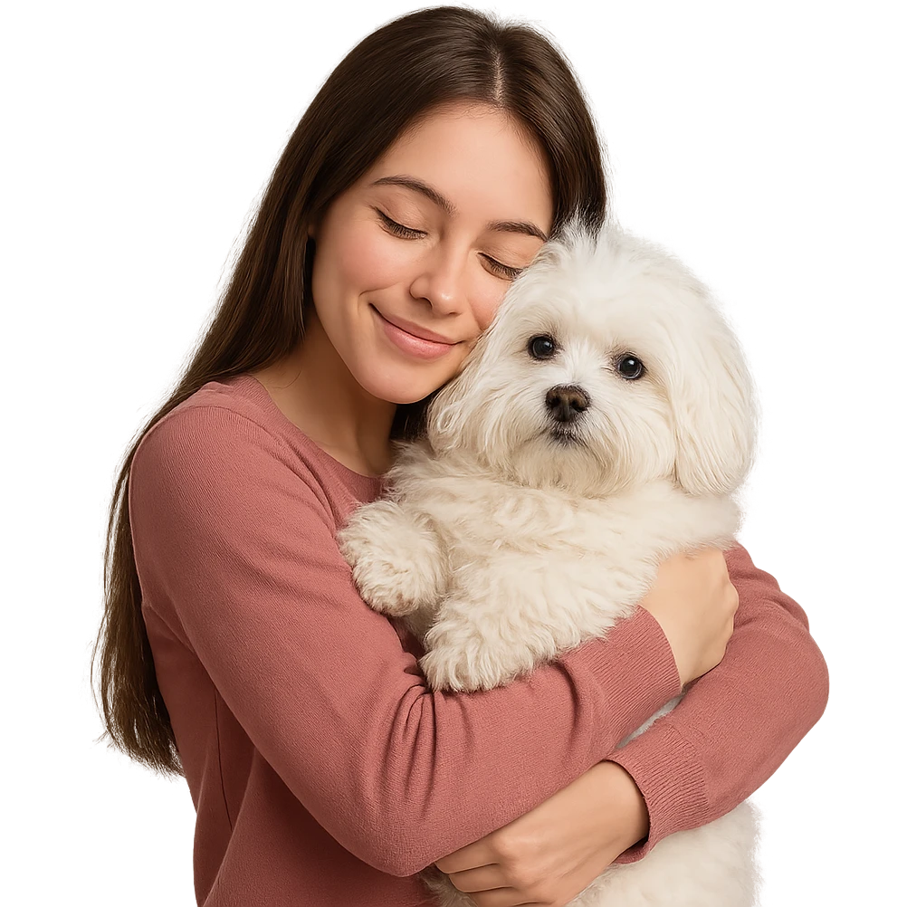 brunette girl with long hair hugging a fluffy Maltese dog emoji