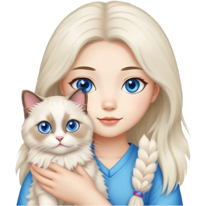 Asian girl holding a fluffy ragdoll cat with blue eyes and colorpoint fur emoji